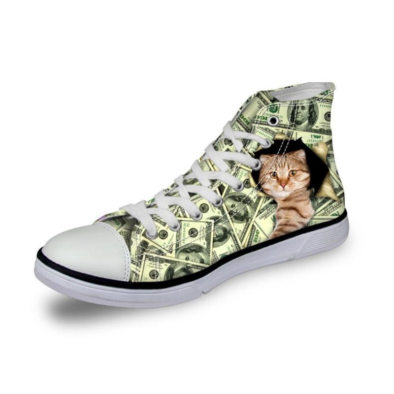 baas kat in dollars print hoge canvas damesschoenen