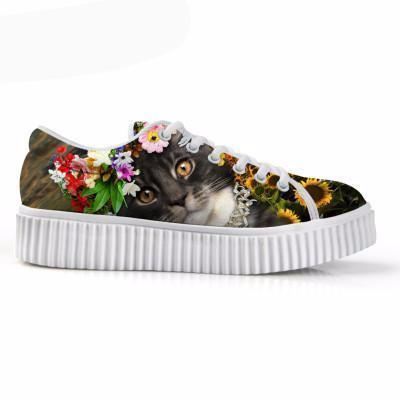 casual donkere kat met bloemenkroon print platte plateauzool veterschoenen