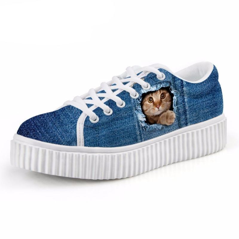 casual schoenen met platte plateauzolen met kattenprint