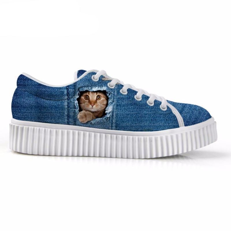 casual schoenen met platte plateauzolen met kattenprint