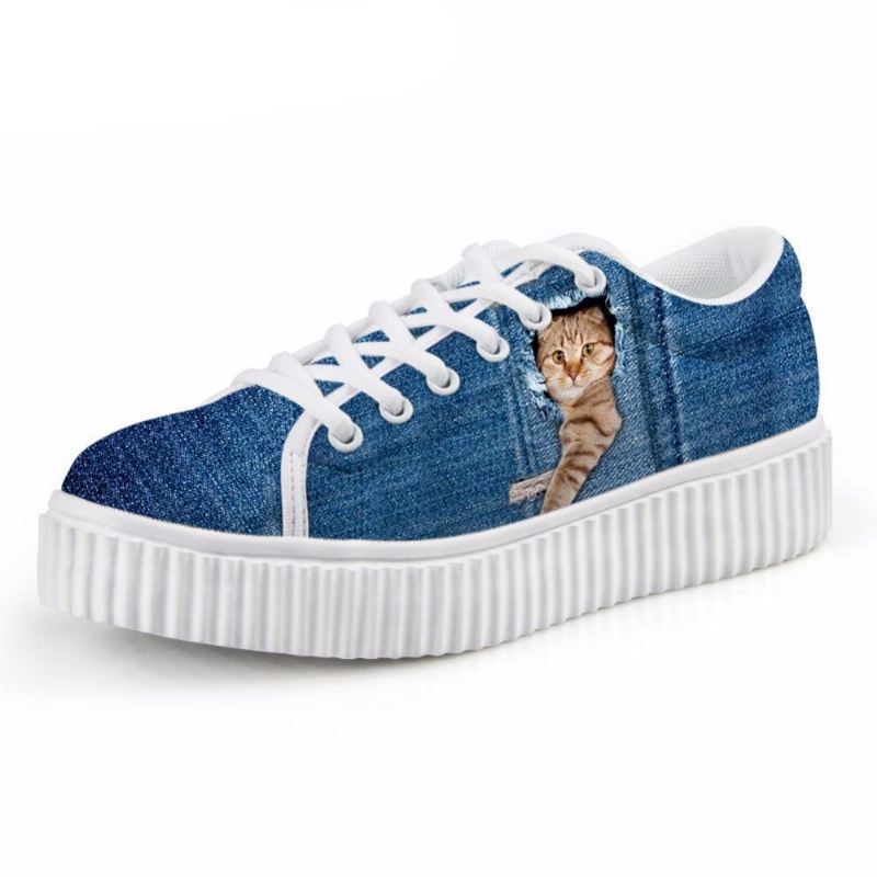 casual schoenen met platte plateauzolen met kattenprint