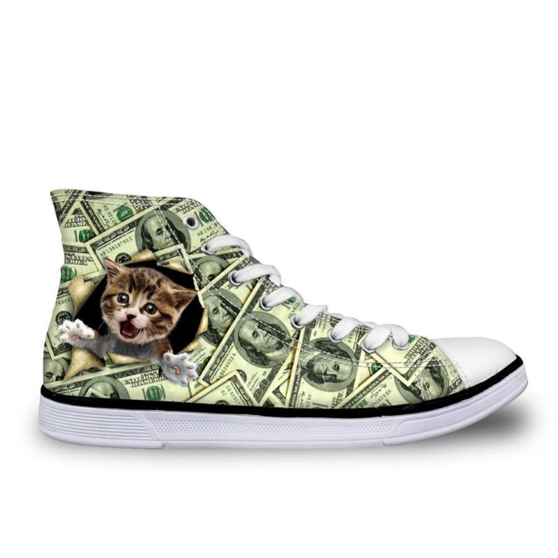 kat in dollars print hoge damesschoenen van canvas