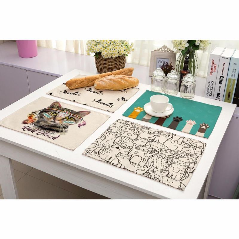 schattige kat print katoenen linnen placemats voor de keukentafel