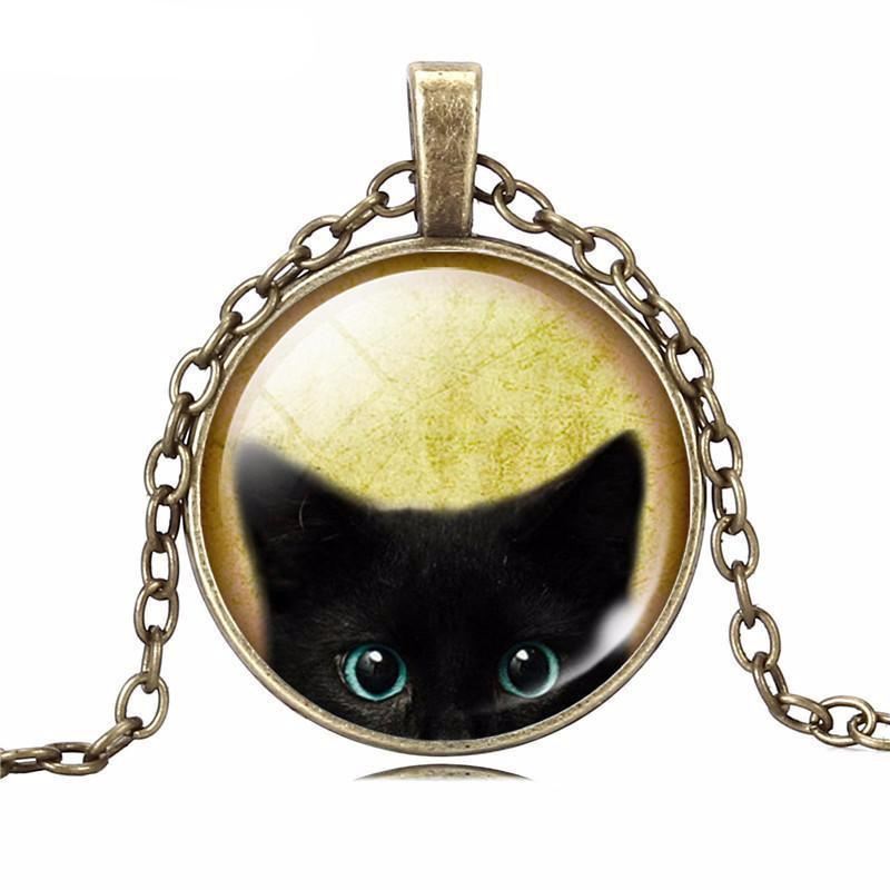 zwarte kat glas cabochon hanger ketting