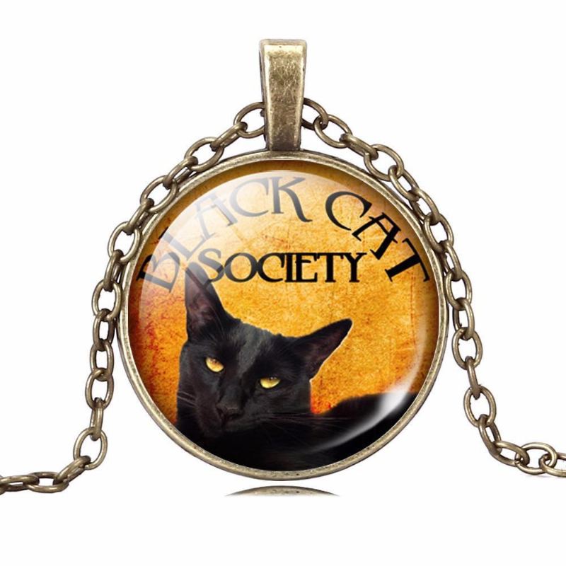 zwarte kat glas cabochon hanger ketting