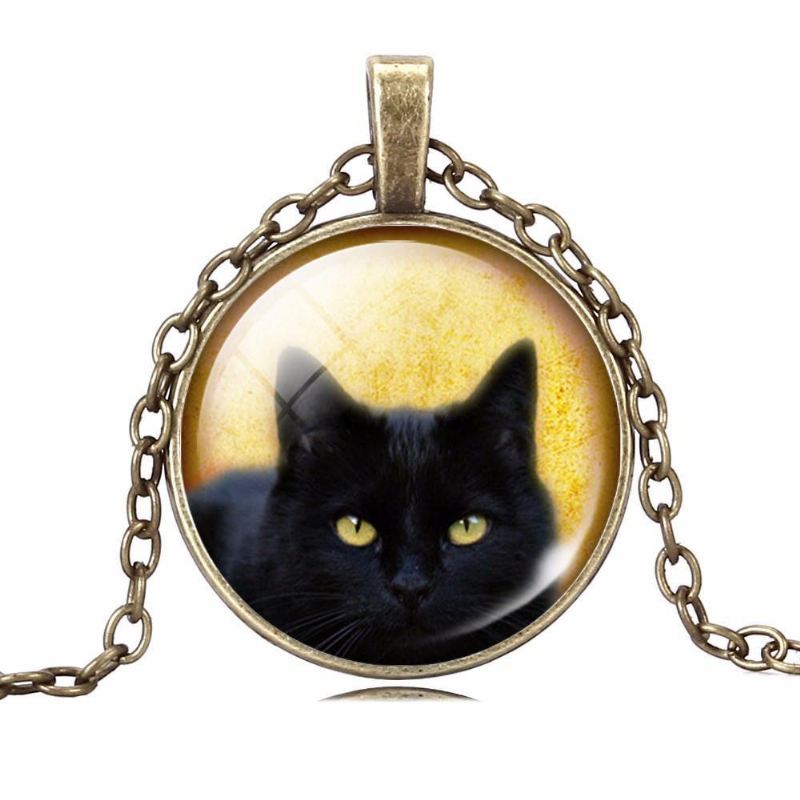 zwarte kat glas cabochon hanger ketting