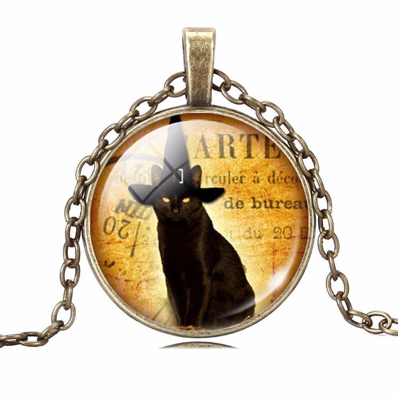 zwarte kat glas cabochon hanger ketting