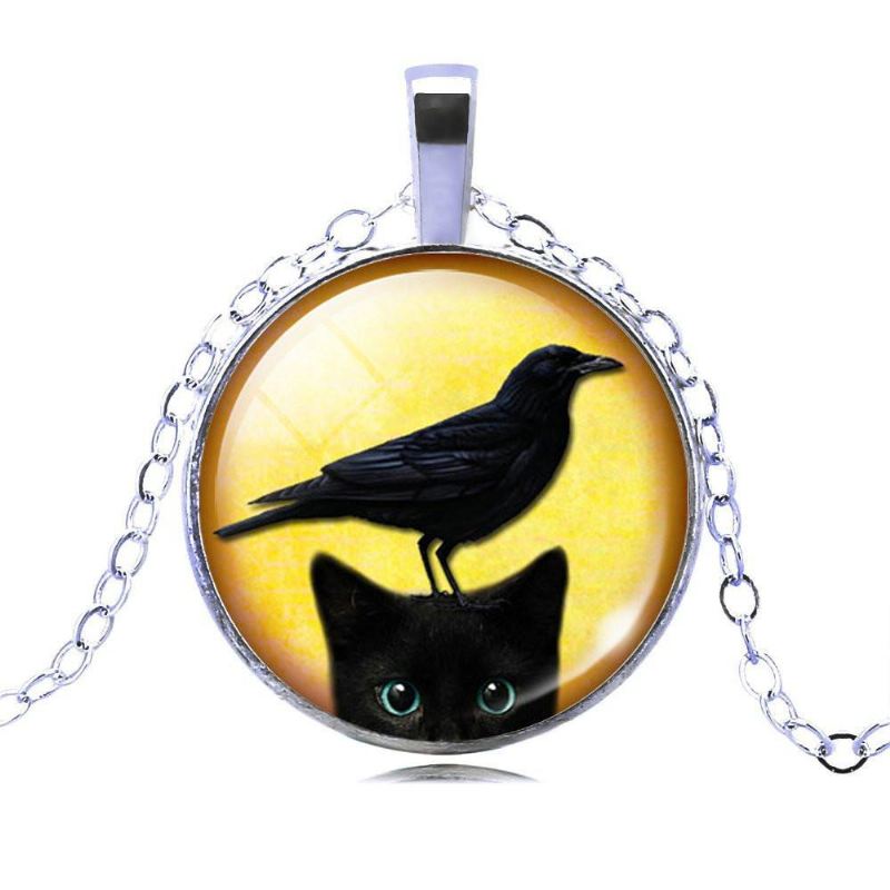 zwarte kat glas cabochon hanger ketting